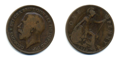 Великобритания 1 пенни 1919 Георг V (1910-1936) КМ 810, Spink 4051 бронза 47-215