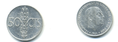 ИСПАНИЯ 50 СЕНТИМО 1966 (67) ФРАНСИСКО ФРАНКО ДИКТАТОР ИСПАНИИ (1939-1975) KM 795 алюминий 83-236