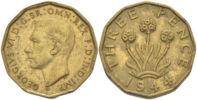 Великобритания 3 пенса 1944 Георг VI (1936-1952) KM 849, Spink 4112 никель латунь 87-425
