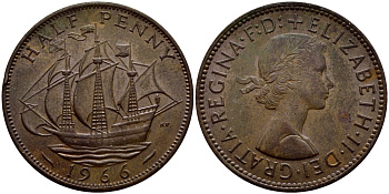 Великобритания 1/2 пенни 1966 Елизавета II (1952-2022) KM 896, Spink 4158 бронза 57-1342