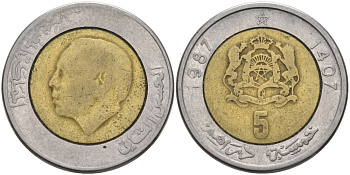 Марокко 5 дирхамОВ 1987 АН1407, ХАСАН II KM 82 биметалл 4572-831