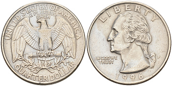 США 25 центов (квотер) 1996 P, Вашингтон KM А164а медь плакированная медно-никелем 190-424