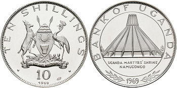 Уганда 10 шиллингов 1969 визит папы Иоанна Павла VI, тираж 6720 экз. KM 10 серебро PROOF 00-000-00