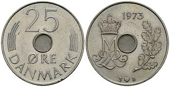 Дания 25 эре 1973 S; B, Маргрете II (1972- ) KM 861.1 медно-никель 4138-843