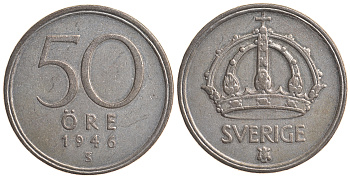 Швеция 50 эре 1946 TS, Густав V (1907-1950) KM 817 серебро 4179-955