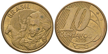 Бразилия 10 сентаво 2006 KM 649, Schon 157 сталь плакированная латунью 4621-358