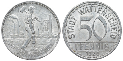Германия, Ваттеншайд 50 пфеннигов 1920 Северный Рейн-Вестфалия, нотгельд Funck 579.10 алюминий 4121-424
