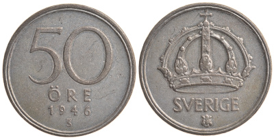Швеция 50 эре 1946 TS, Густав V (1907-1950) KM 817 серебро 4179-955
