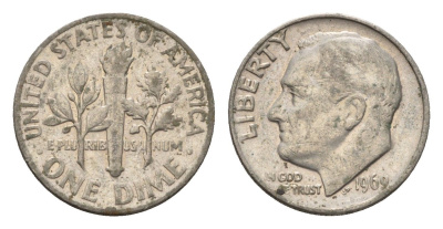 США 10 центов (дайм) 1969 Рузвельт KM 195a медь плакированная медно-никелем 4674-538