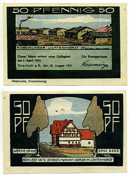 Нойштадт-на-Рубенберге 50 пфеннигов 1922 20 августа 1921 - 1 апреля 1922, нотгельд (номер 5, RUSSNLANDER LICHTENHOST), земля Нижняя Саксония Grabowski 966.1 бумага 2195-46-1-1