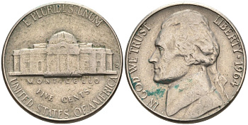 США 5 центов 1964 D, Джефферсон KM А192 медно-никель 92-1125