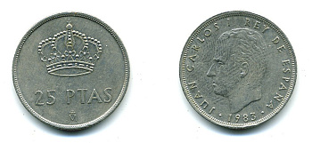 Испания 25 песет 1983 Хуан Карлос I (1975-2014) KM 824 медно-никель 51-5421