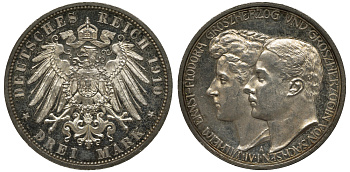 Саксен-Веймар-Эйзенах 3 марки 1910 А, на вторую свадьбу Вильгельма Эрнста и Феодоры Weege 158, J. 162, KM 176 серебро PROOF 00-816-43