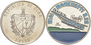 Куба 1 песо 1995 серия самолеты, Савои Марчетти S 55 (SAVOIA MARCHETTI S-55), цветная эмаль KM 522 никелированная сталь UNC M27-05