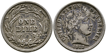 США 10 центов (дайм) 1912 тип Барбер (Barber) KM 113 серебро 46-561