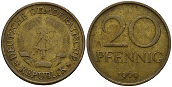 ГДР 20 пфеннигов 1969 A, первый год KM 11 латунь 4601-531