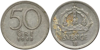 Швеция 50 эре 1948 TS, Густав V (1907-1950) KM 817 серебро 202-615