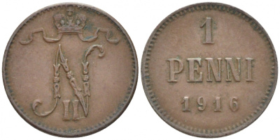 РОССИЯ ДЛЯ ФИНЛЯНДИИ 1 ПЕННИ 1916 НИКОЛАЙ II (1895-1917) KM 13, Биткин 476 медь 211-1111