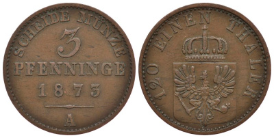 ПРУССИЯ 3 ПФЕННИГА 1873 A KM 482 медь 186-613