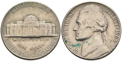 США 5 центов 1964 D, Джефферсон KM А192 медно-никель 92-1125