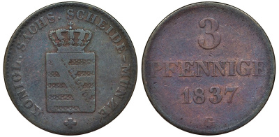 Саксония 3 пфеннига 1837 G KM 1136 медь 51-2456