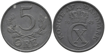 ДАНИЯ 5 ЭРЕ 1943 N; S, КРИСТИАН X (1912-1947) KM 834a цинк 32-1035