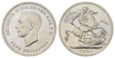 Великобритания 1 крона (5 шиллингов) 1951 Георг VI (1936-1952), фестиваль Британии, Георгий Победоносец KM 880, Spink 4111 медно-никель UNC 00-1067-9-64