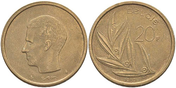 БЕЛЬГИЯ 20 ФРАНКОВ 1980 BELGIE, БОДУЭН I (1951-1993) KM 160 никель бронза 115-722