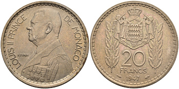 Монако 20 франков 1947 Луи II (1922-1949) KM 124 медно-никель    4140-1131