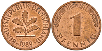 ФРГ 1 пфенниг 1989 G KM 105, J. 380 сталь плакированная медью    4598-657