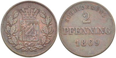 Бавария 2 пфеннига 1869 Людвиг II (1864-1886) KM 478 медь 202-253