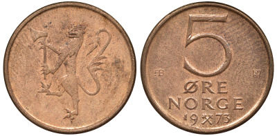 Норвегия 5 эре 1973 Улаф V (1958-1991) ​KM 415 бронза 62-727