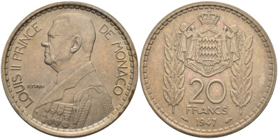 Монако 20 франков 1947 Луи II (1922-1949) KM 124 медно-никель    4140-1131