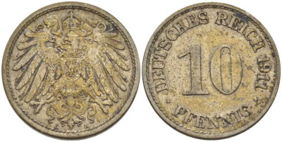 ГЕРМАНИЯ 10 ПФЕННИГОВ 1911 A KM 12, J. 13, Weege 8 медно-никель 212-134