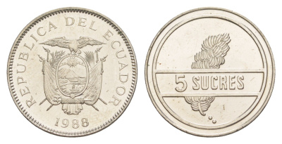 Эквадор 5 сукре 1988 KM 91.1 сталь плакированная никелем UNC 4640-1144