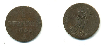 Ганновер 1 пфенниг 1844 A, Эрнст Август (1837-1851) KM 173.1, AKS 126, J. 54 медь 35-713