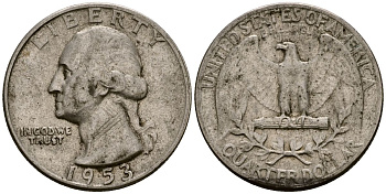 США 25 центов = квотер 1953 Вашингтон KM 164 серебро 4177-725