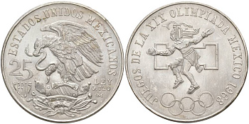 Мексика 25 песо 1968 ТИП II, СРЕДНЕЕ ВЕРХНЕЕ КОЛЬЦО ПРИСПУЩЕНО, ЯЗЫК ЗМЕЯ ДЛИННЫЙ И ПРЯМОЙ KM 479.2 серебро UNC 4537-1211