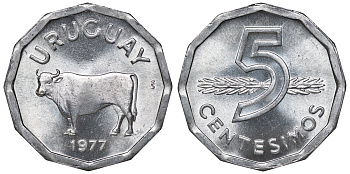 Уругвай 5 сентесимо 1977 KM 73 алюминий UNC M55-16
