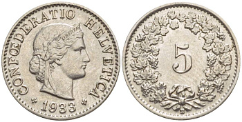 ШВЕЙЦАРИЯ 5 РАППЕНОВ 1933 В KM 26 медно-никель 4532-931