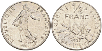 Франция 1/2 франка 1977 сеятель KM 931.1, LE FRANC 198.16 никель 55-1135