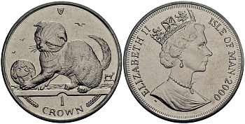 Остров Мэн 1 крона 2000 котенок играет с глобусом КМ 1056 медно-никель UNC M92-11