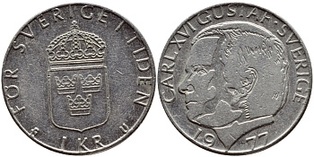Швеция 1 крона 1977 Карл XVI Густав (1973- ) KM 852 медь плакированная медно-никелем 4397-842