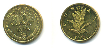 Хорватия 10 лип 2003 табак обыкновенный, легенда на хорватском KM 6 сталь плакированная латунью UNC 3999-857