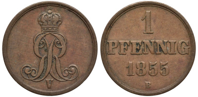 Ганновер 1 пфенниг 1855 B, Георг V KM 221, AKS 155, J. 83 медь 4594-162