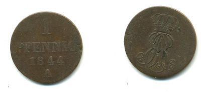 Ганновер 1 пфенниг 1844 A, Эрнст Август (1837-1851) KM 173.1, AKS 126, J. 54 медь 35-713