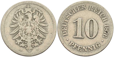 ГЕРМАНИЯ 10 ПФЕННИГОВ 1876 B, СТАРОГЕРБОВКА KM 4, J. 4 медно-никель 4401-255