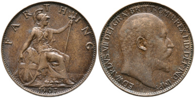 Великобритания 1 фартинг 1907 Эдуард VII (1901-1910) KM 792, Spink 3992 бронза 100-539