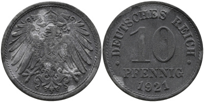 ГЕРМАНИЯ 10 ПФЕННИГОВ 1921 KM 26, J. 299 цинк 33-327