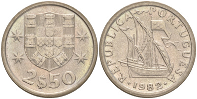 ПОРТУГАЛИЯ 2,5 ЭСКУДО 1982 ПАРУСНИК KM 590 медно-никель 192-816